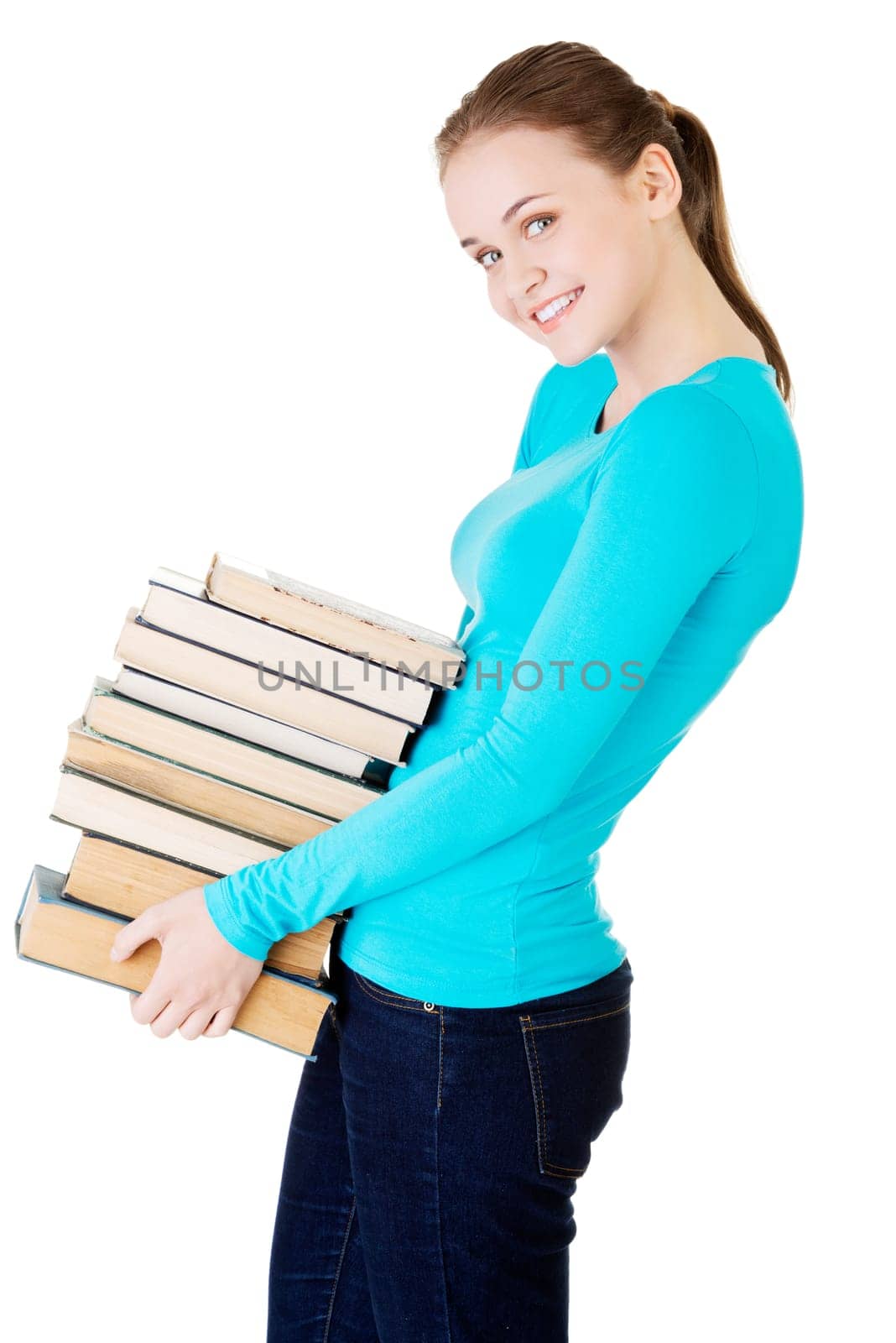 Young caucasian woman (student) with books , isolated on white