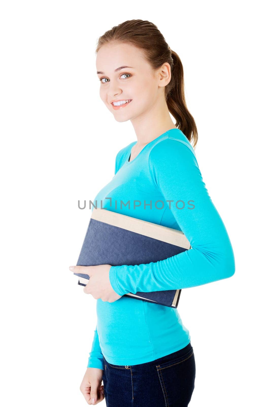 Young caucasian woman (student) with book , isolated on white