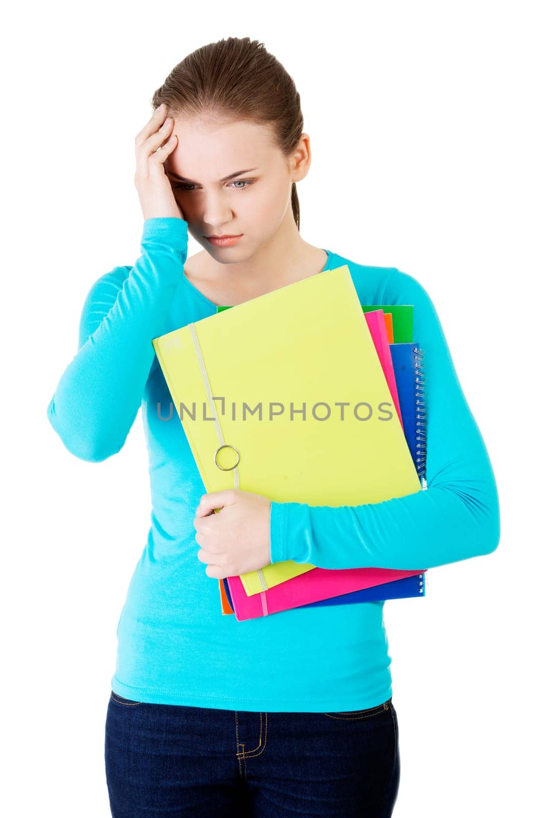 Young beautiful student woman with depression or problem isolated on white