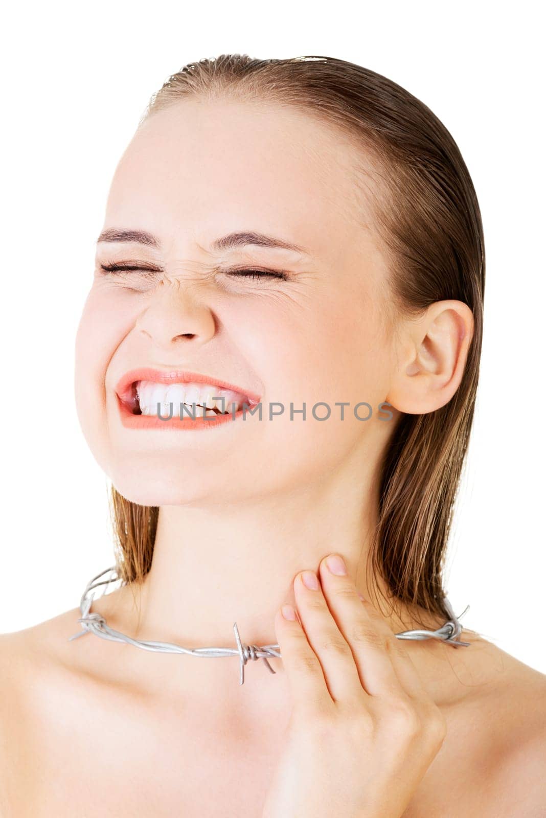 Throat pain concept. Young woman with barbed wire around her throat. Isolated on white