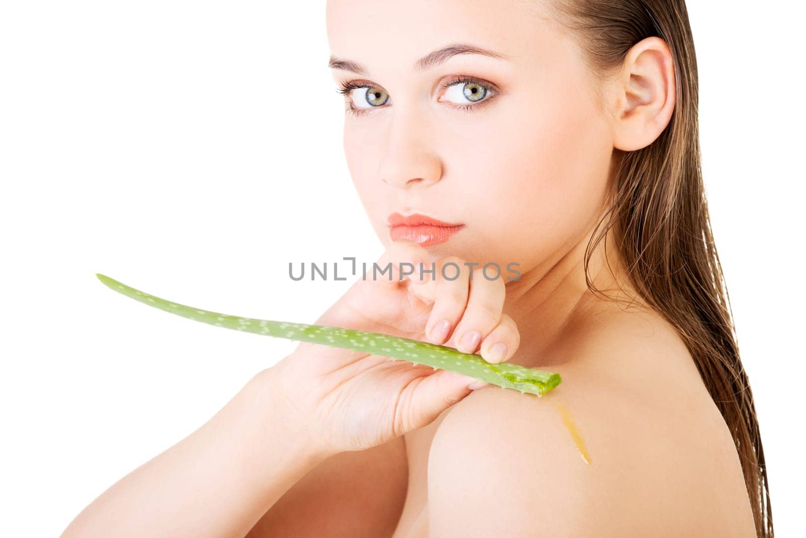 Woman with aloe vera, isolated on background