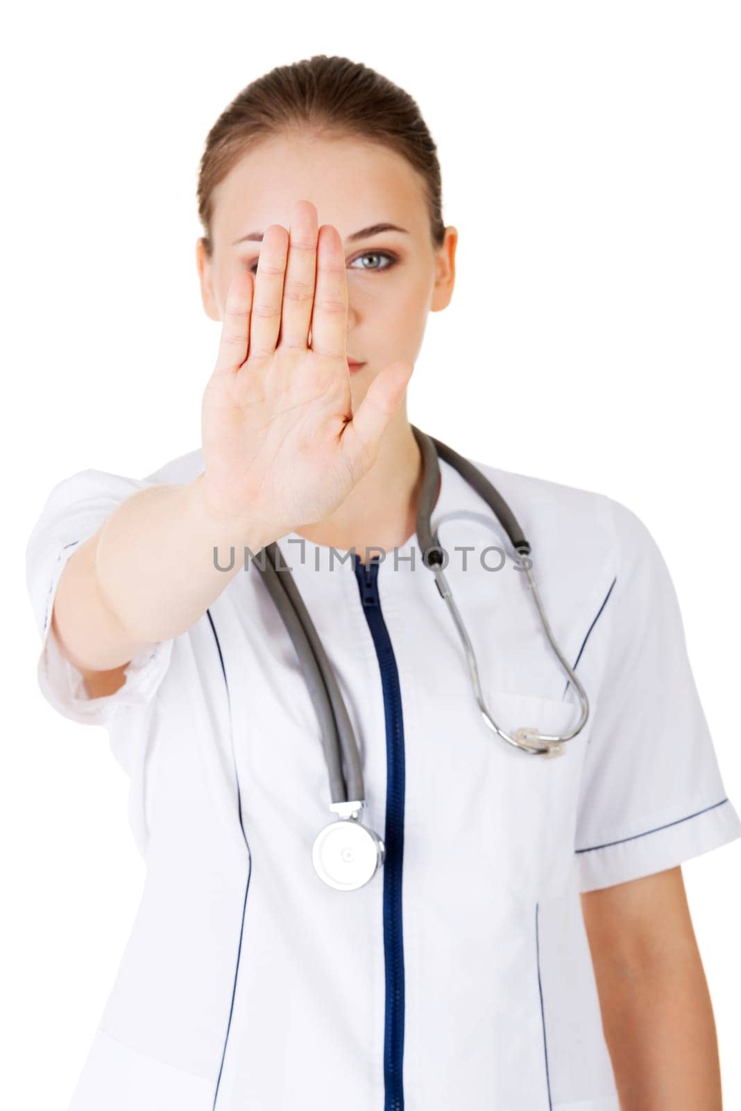 Doctor or nurse with repelling gesture.Isolated on white background.