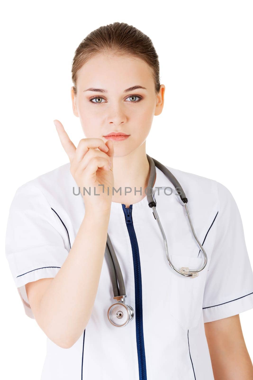 Doctor or nurse with repelling gesture.Isolated on white background.