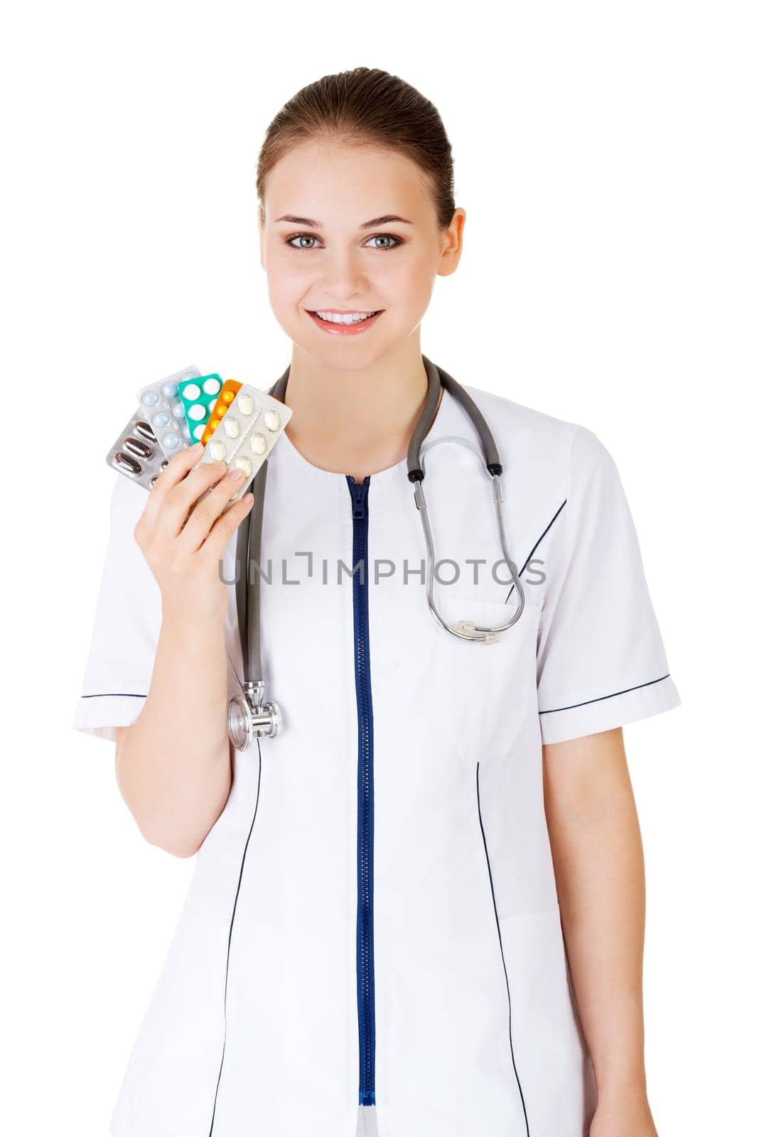Medicine pills. Doctor or nurse showing medical pills,  isolated on white background.