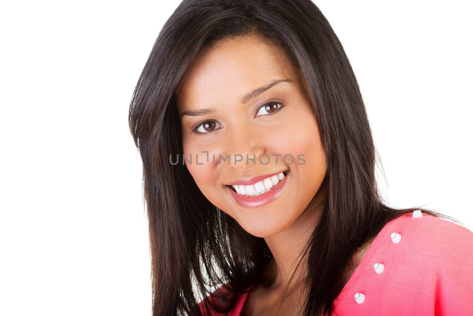 Young happy woman portrait. Isolated on white.