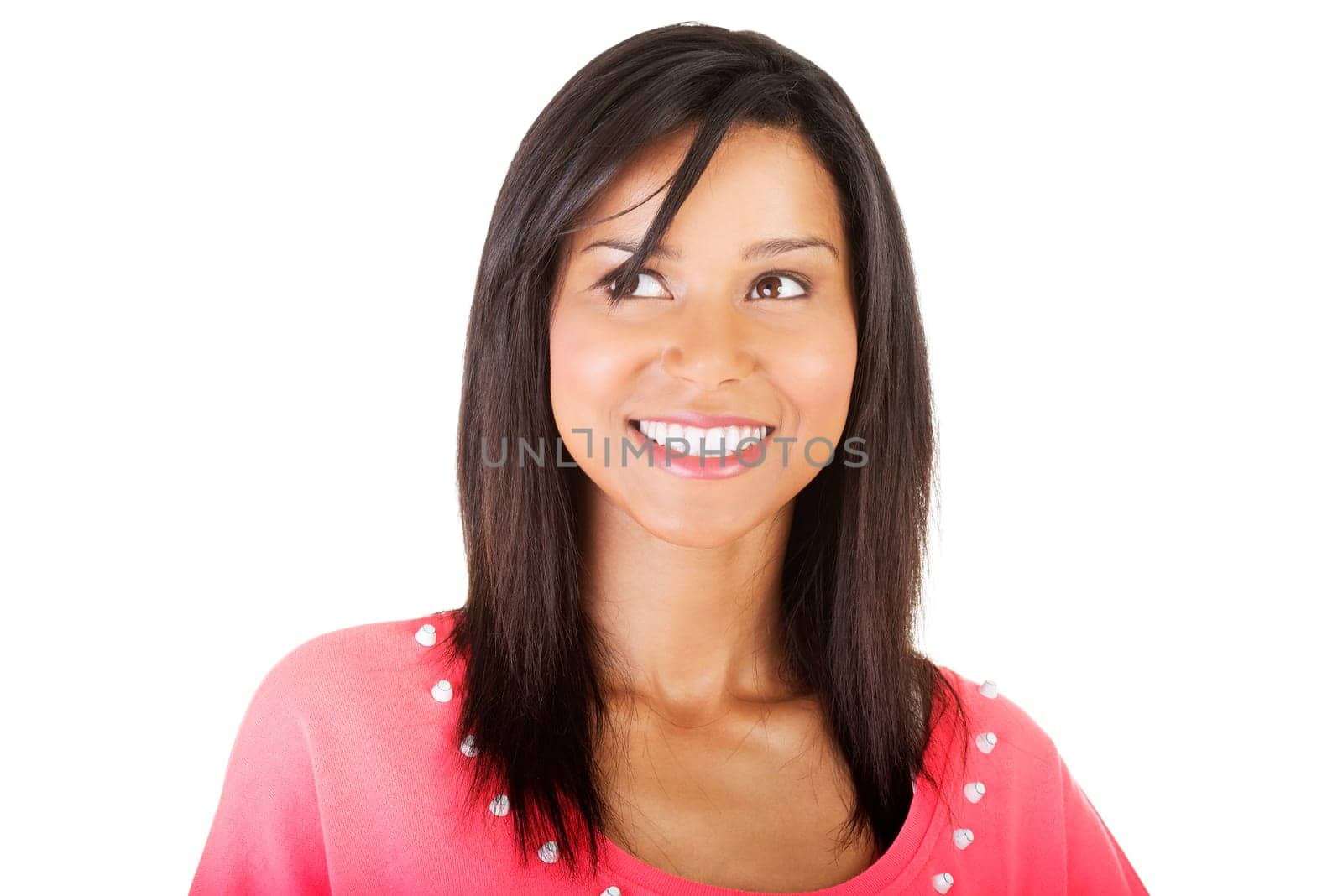 Woman looking on side, isolated on white