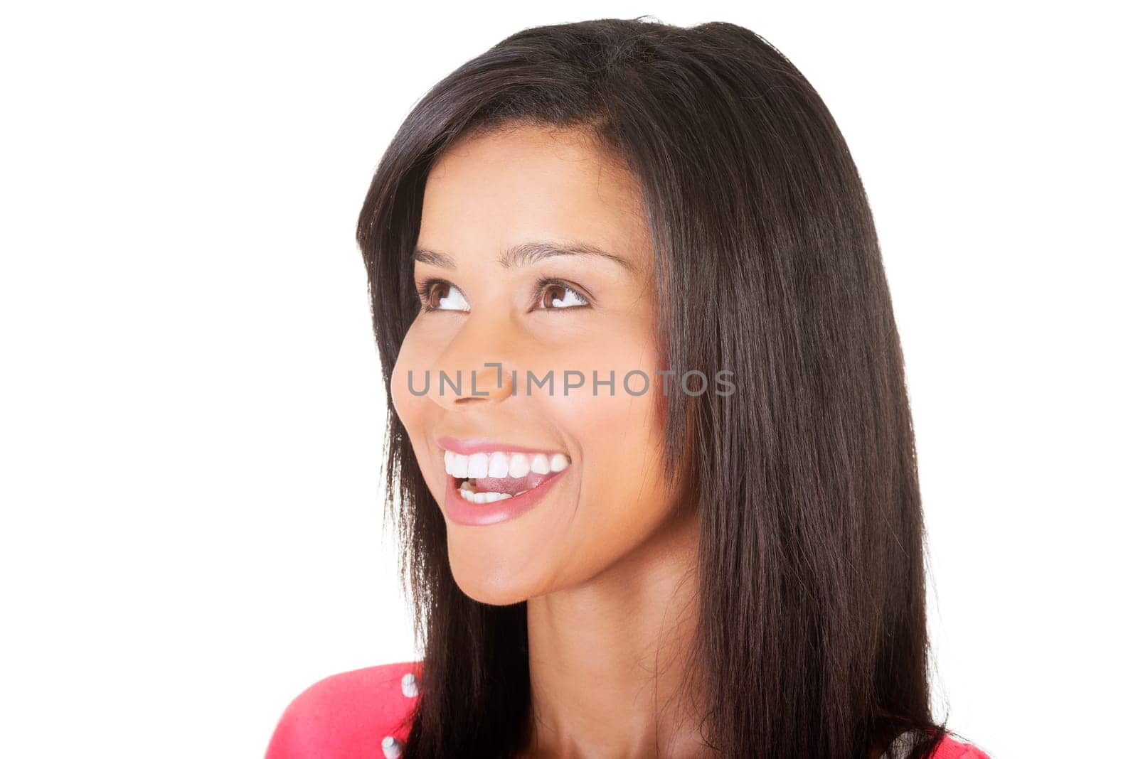 Woman looking on side, isolated on white