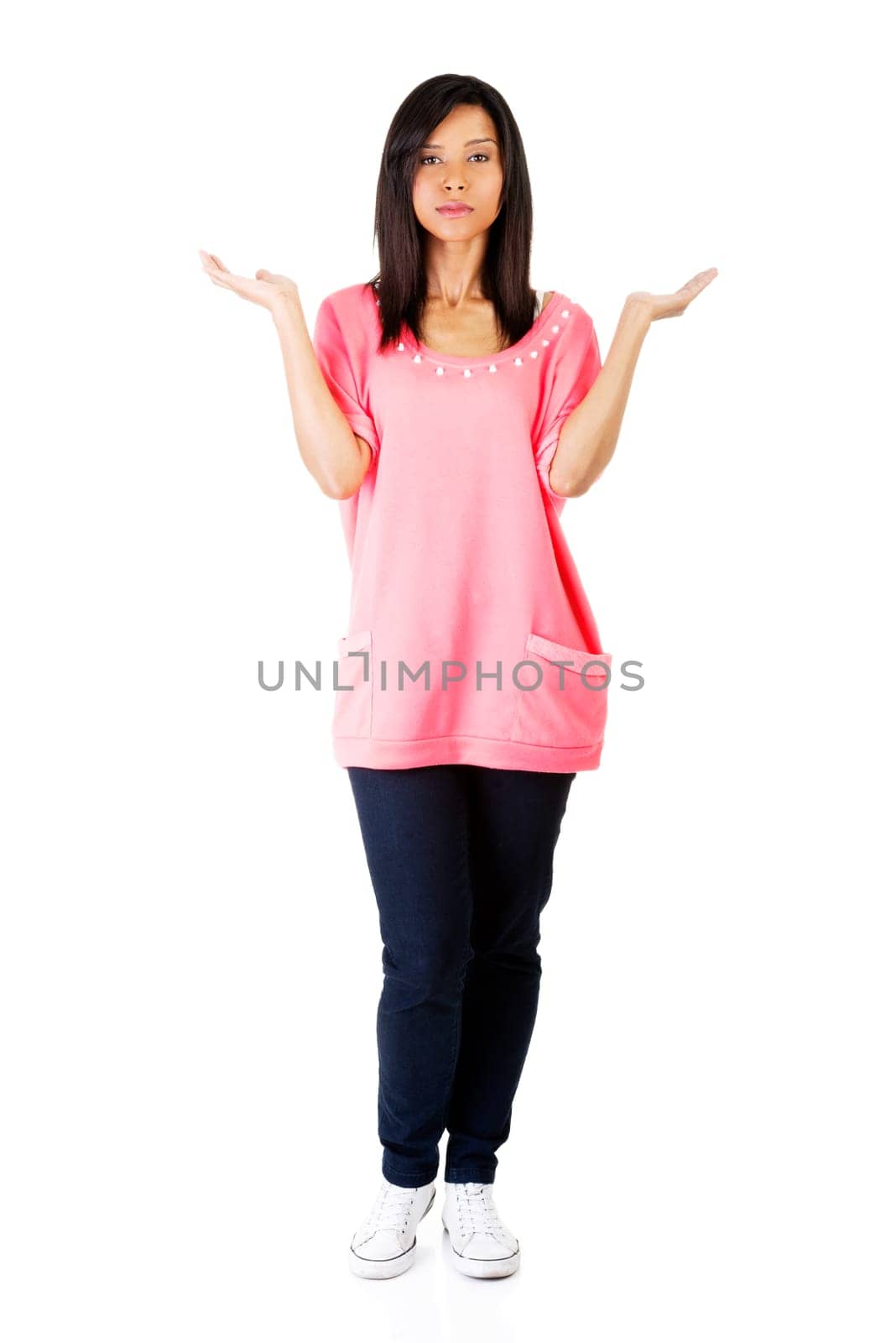 Young woman presenting copy space on her palm, isolated on white