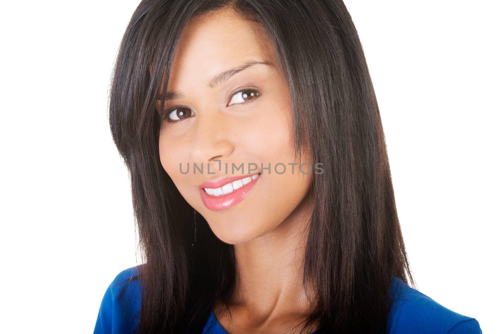 Young happy woman portrait. Isolated on white.