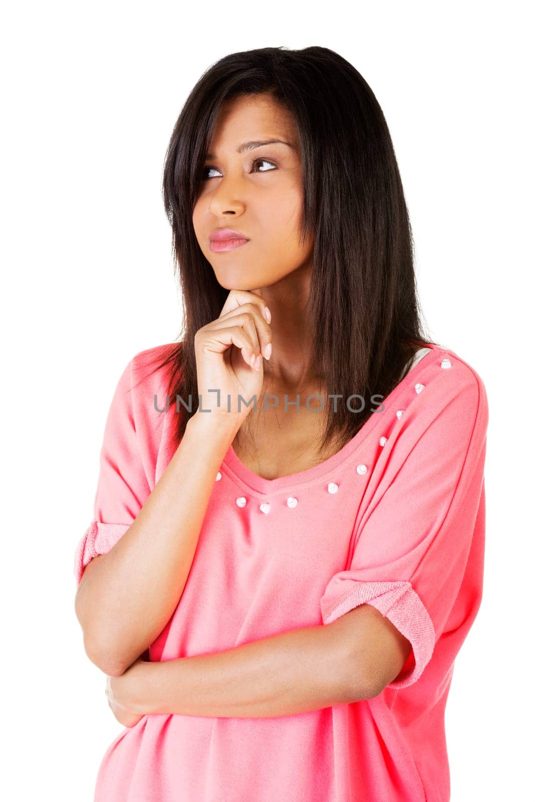 Beautiful woman is thinking. Isolated on white background