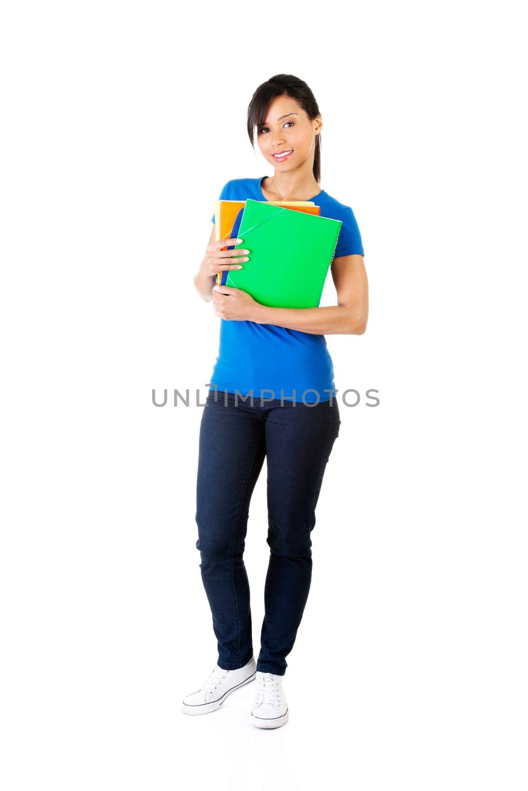 Happy student woman with notebooks, isoalted on white background