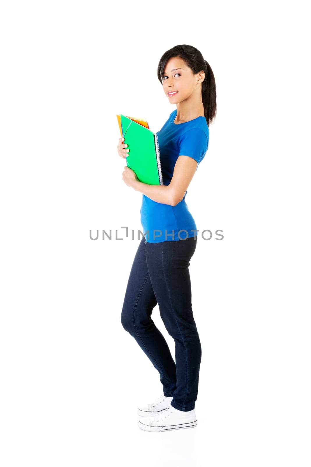 Happy student woman with notebooks, isoalted on white background