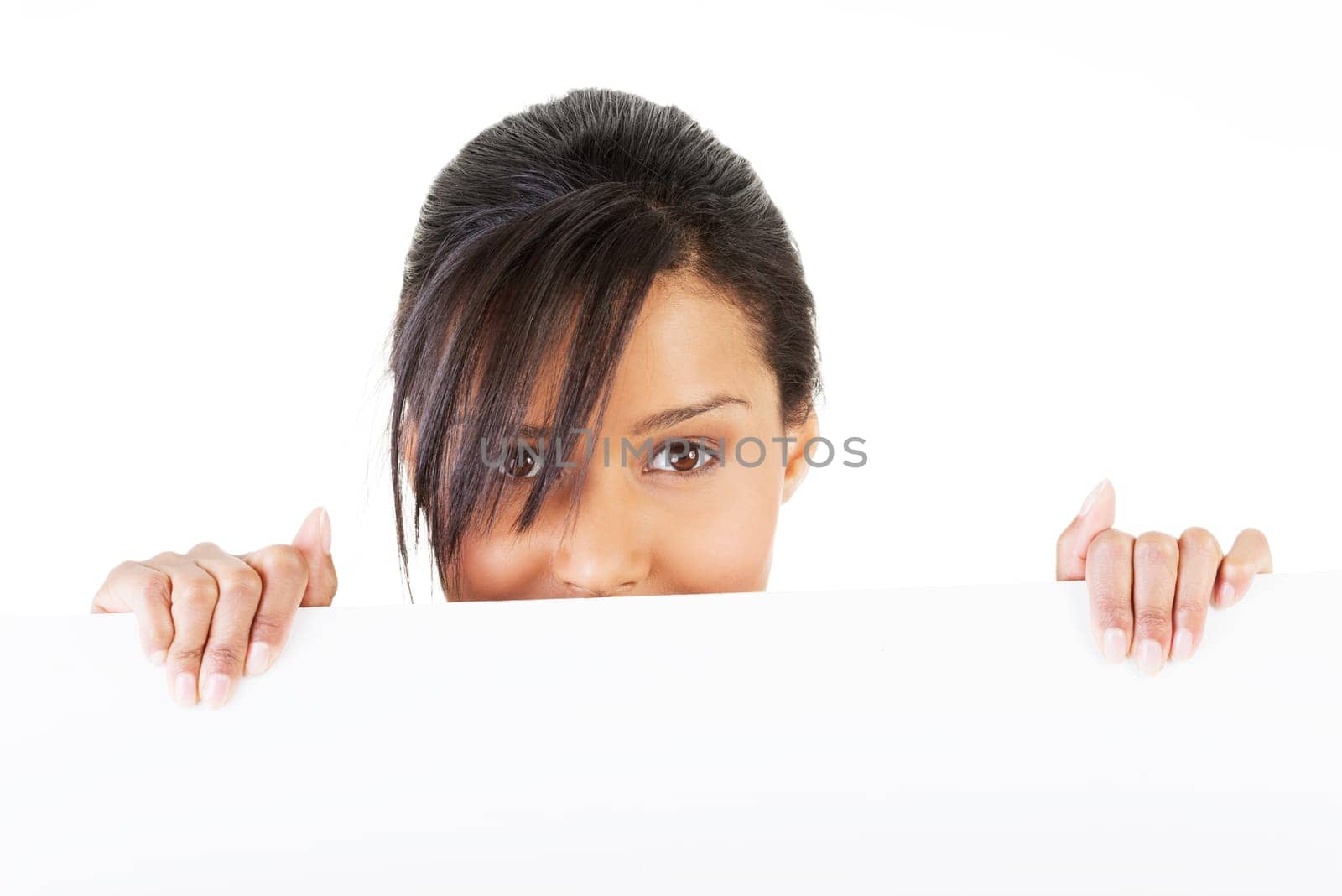 Portrait young happy woman with blank board , isolated on white