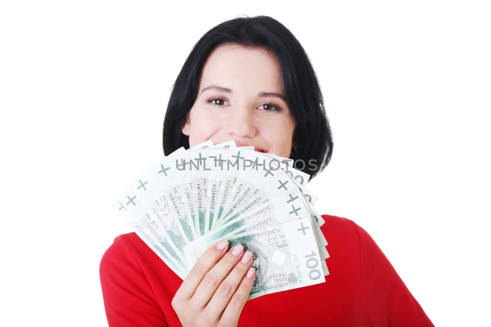 Cheerful young lady holding cash - polish zloty ( pln )
