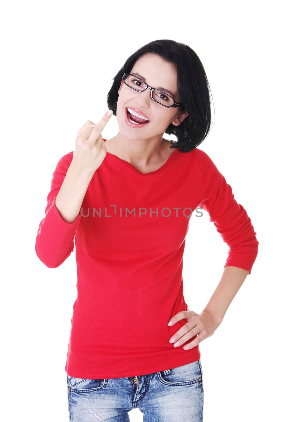 Young woman making obscene hand gesture by showing middle finger on white background