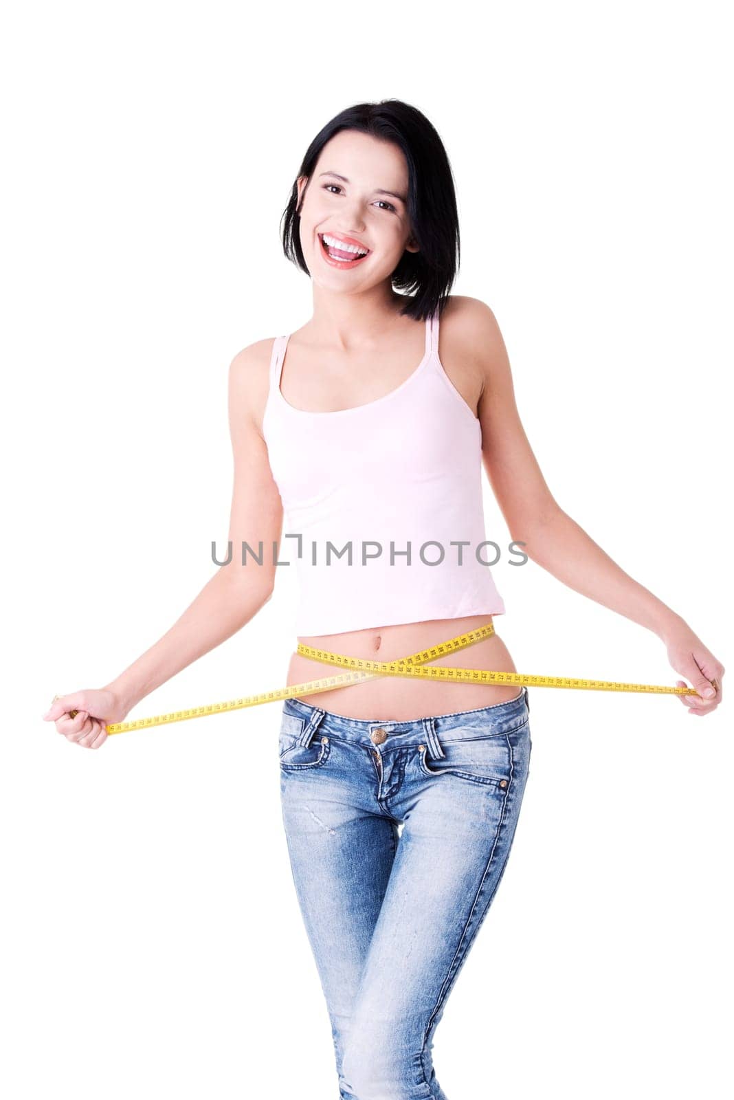 Pretty smiling woman with measurement type - isolated on white