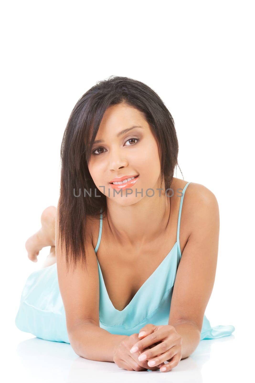 Pretty woman in night underwear, isolated on white.