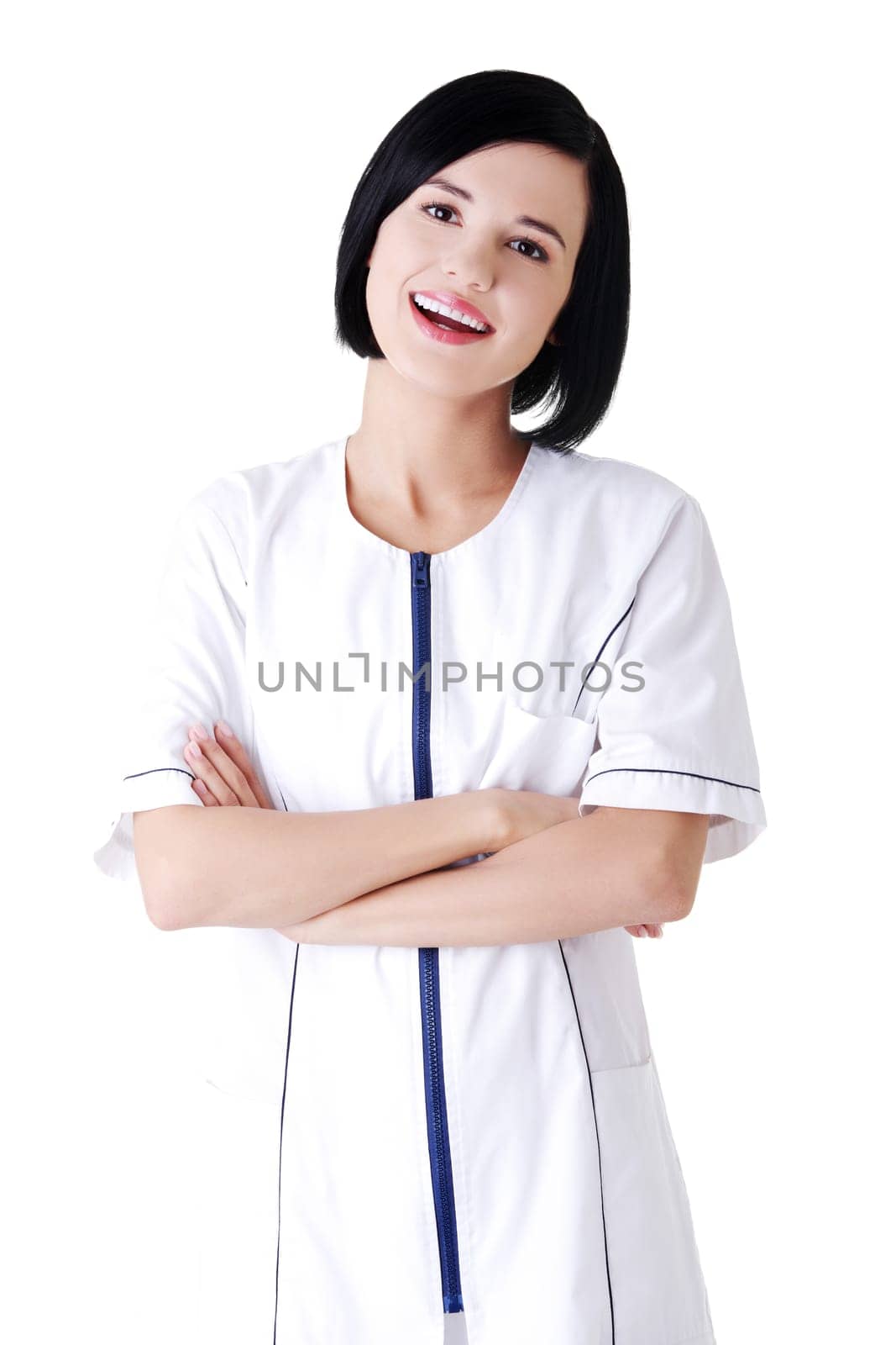 Nurse or young doctor standing smiling. Isolated on white background.