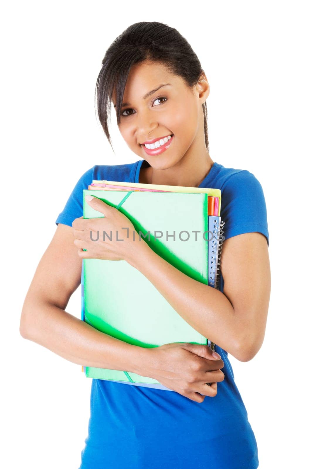 Happy student woman with notebooks, isoalted on white background