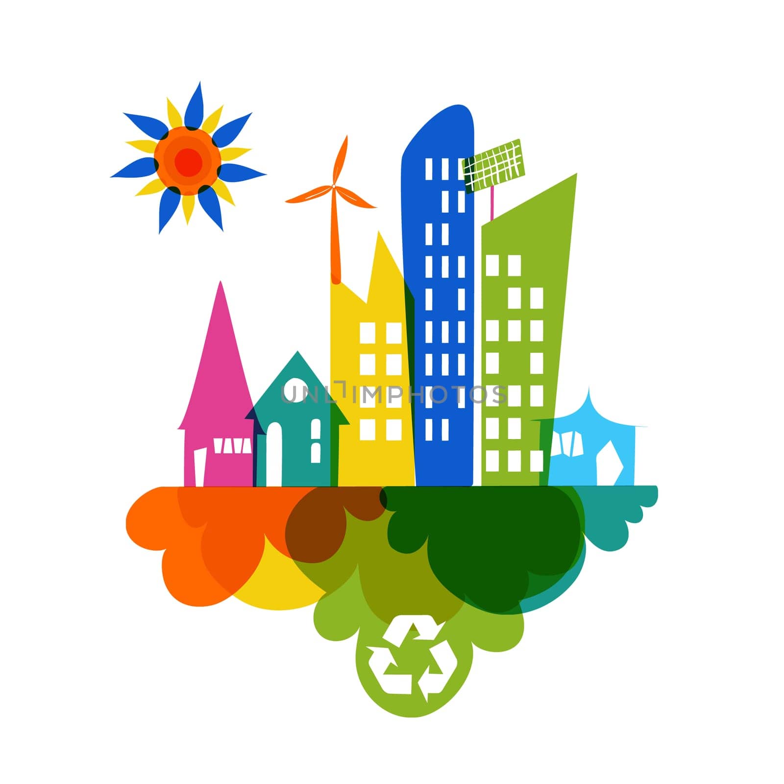 Go green colorful city. Industry sustainable development with environmental conservation background illustration. Vector file layered for easy editing.