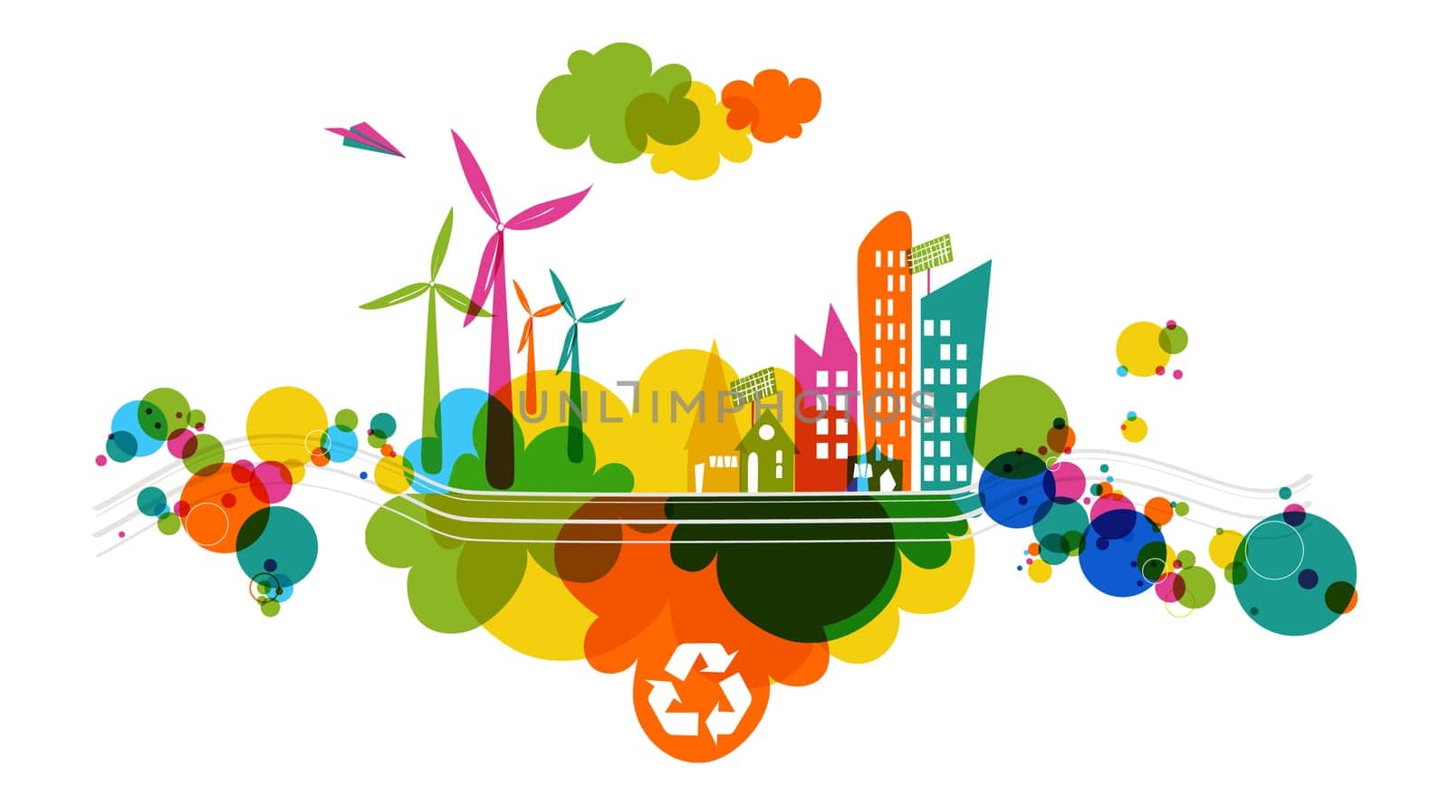 Go green colorful city. Industry sustainable development with environmental conservation background illustration. Vector file layered for easy editing.