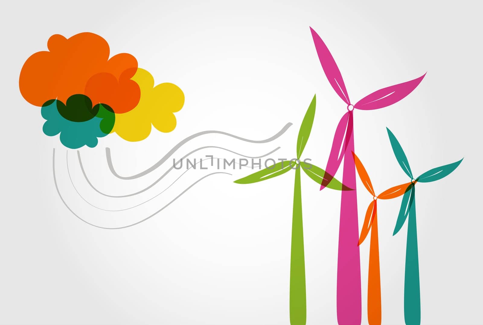 Global transparent silhouettes colorful wind turbines and clouds illustration. Vector layered for easy editing.
