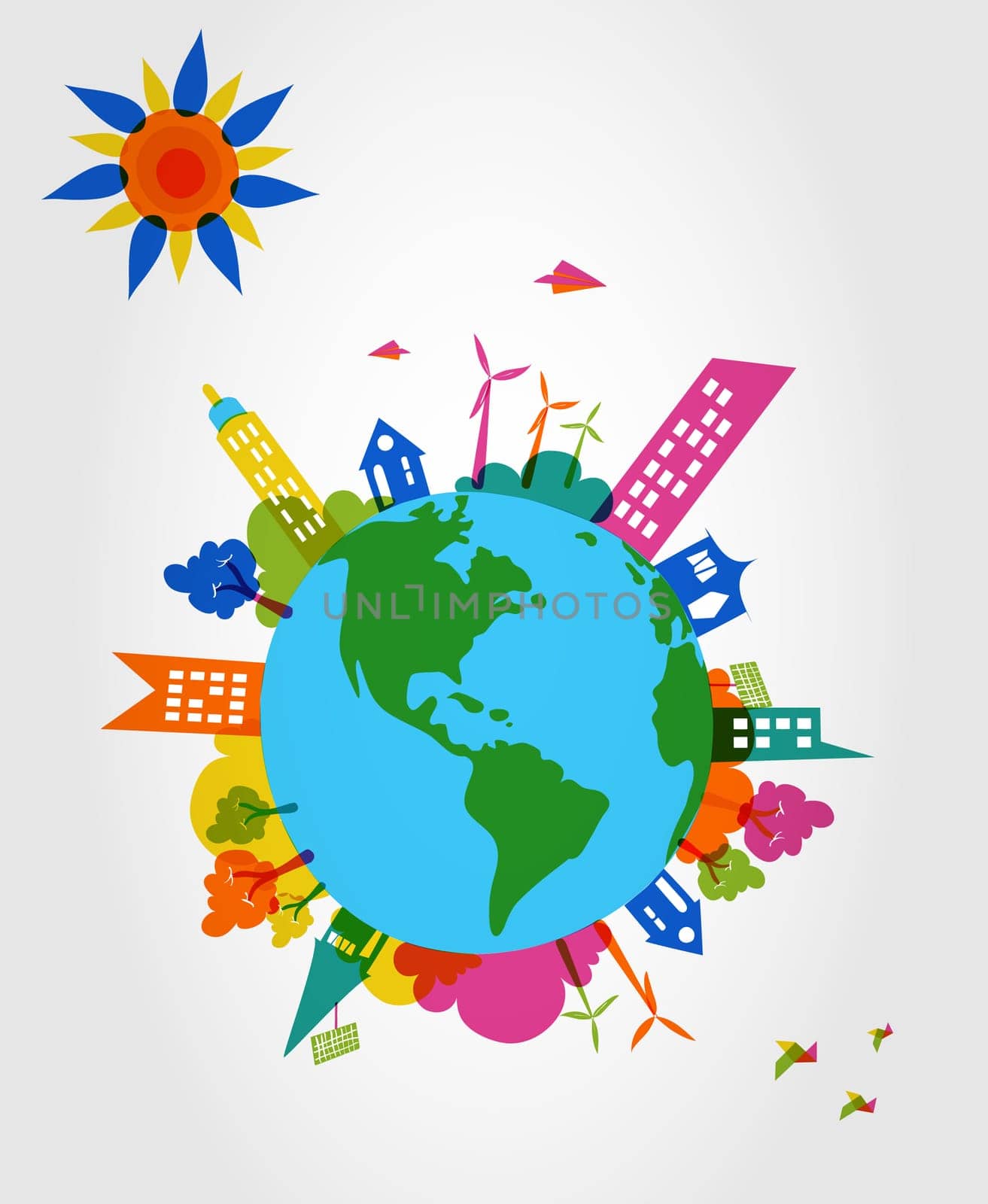 Global transparent silhouettes colorful houses, trees and wind mills illustration. Vector layered for easy editing.