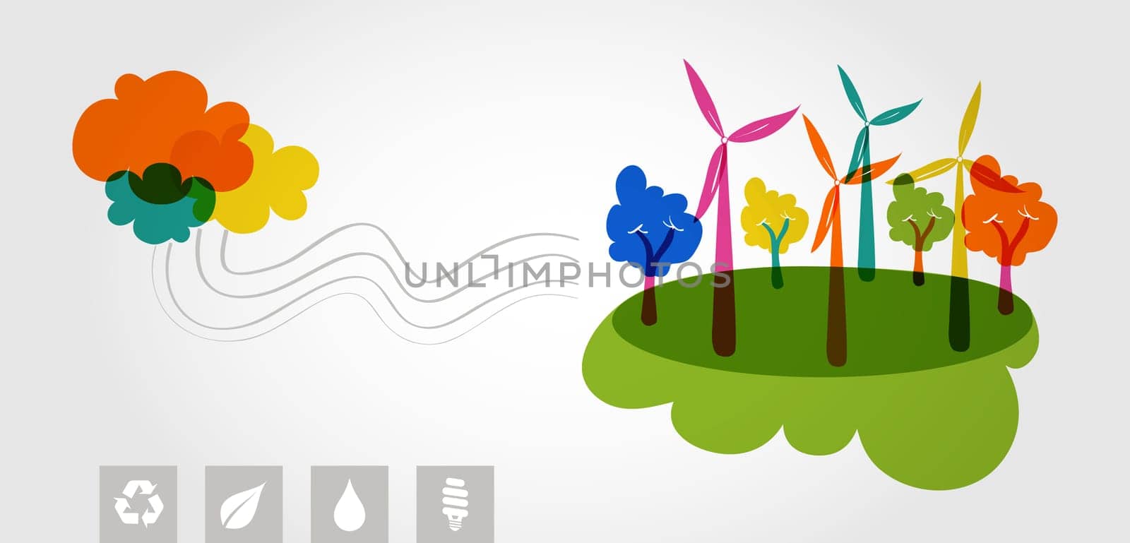Global transparent silhouettes colorful clouds, wind turbines and trees eco friendly resources icons illustration. Vector layered for easy editing.