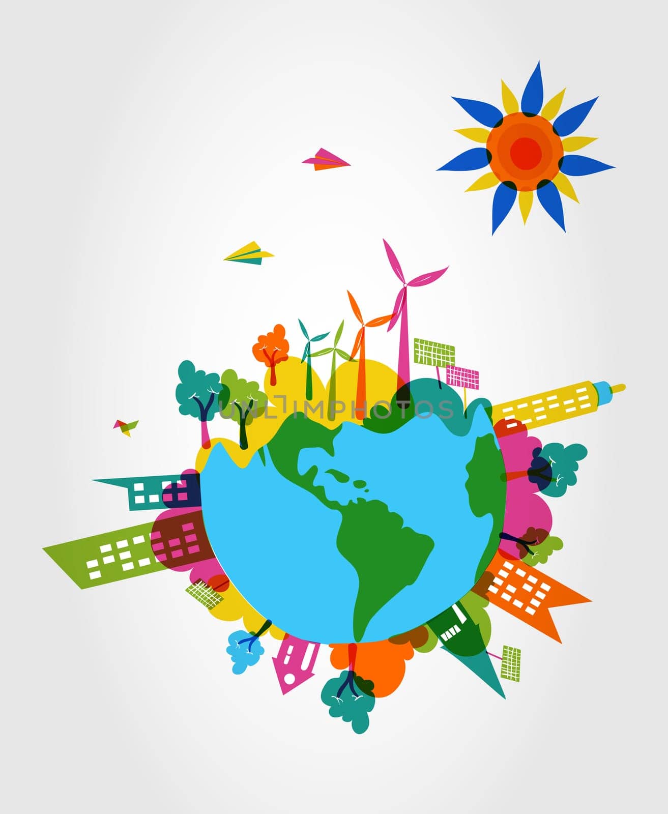 Global transparent silhouettes colorful trees, buildings, houses, wind turbines and sun illustration. Vector layered for easy editing.
