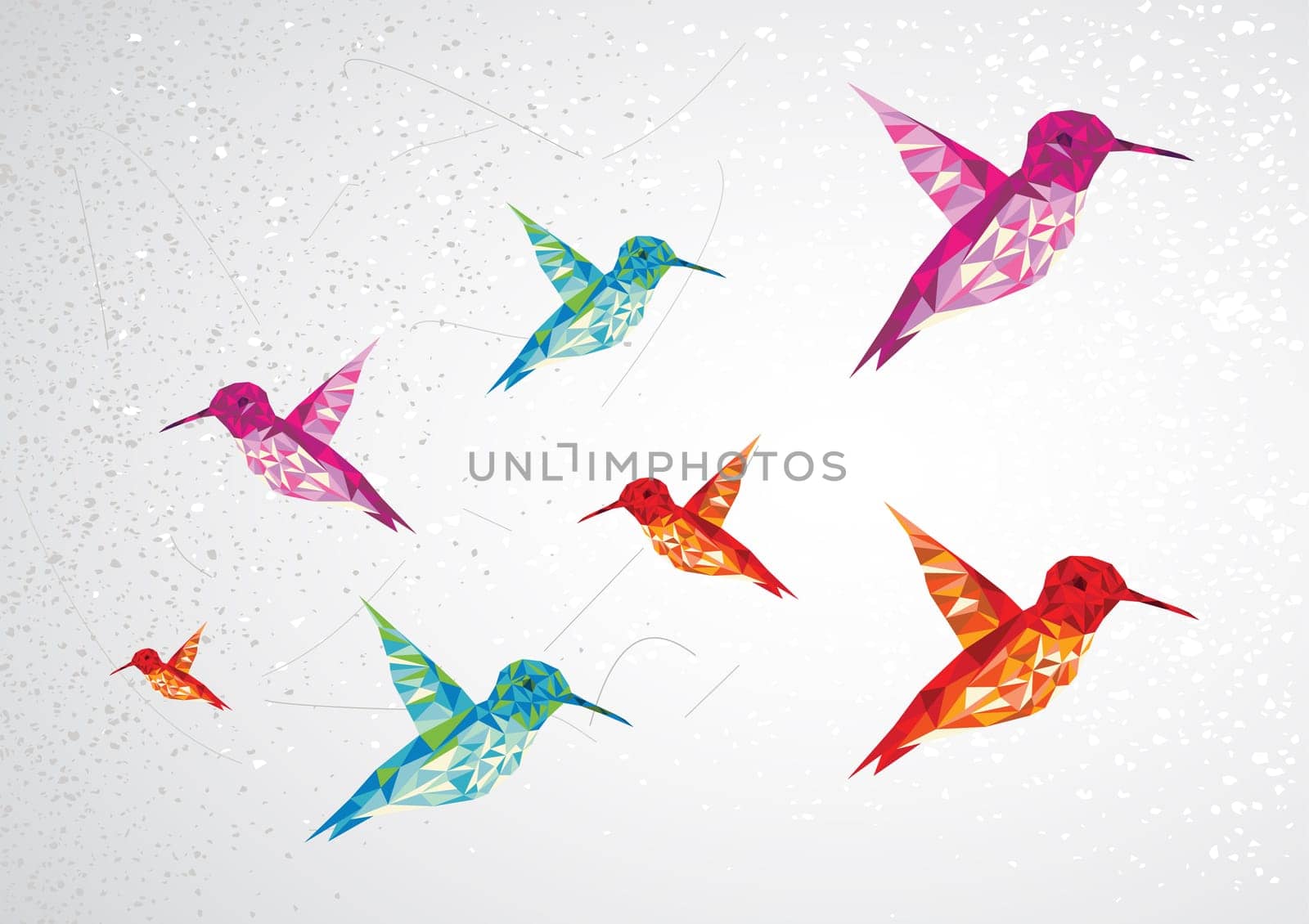 Trendy colorful abstract humming birds triangle shapes over grunge background. Vector file layered for easy editing.