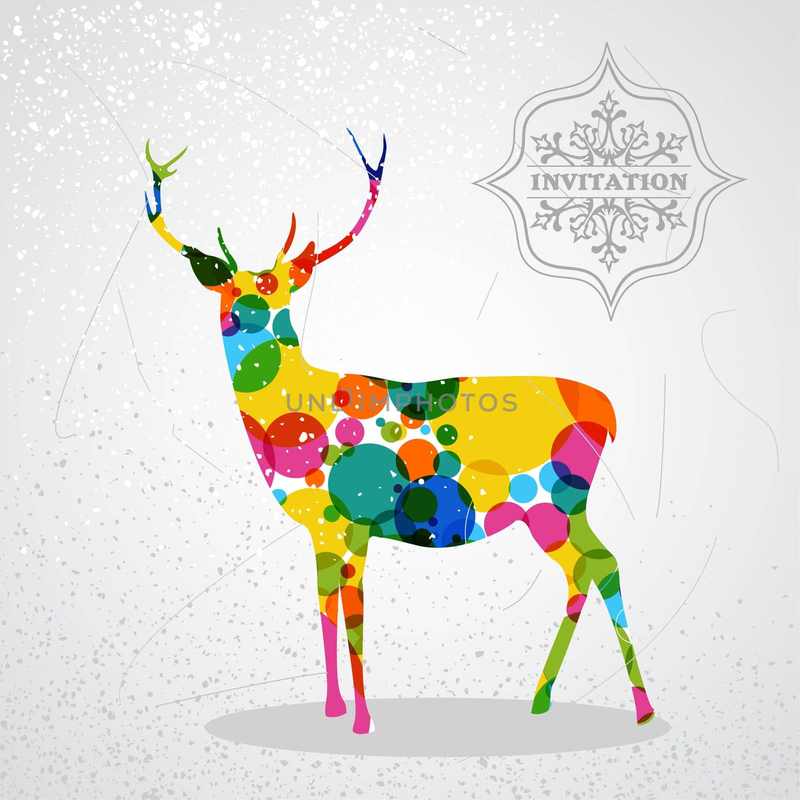 Trendy Christmas colorful reindeer transparent geometric elements grunge background. EPS10 vector with transparency organized in layers for easy editing.
