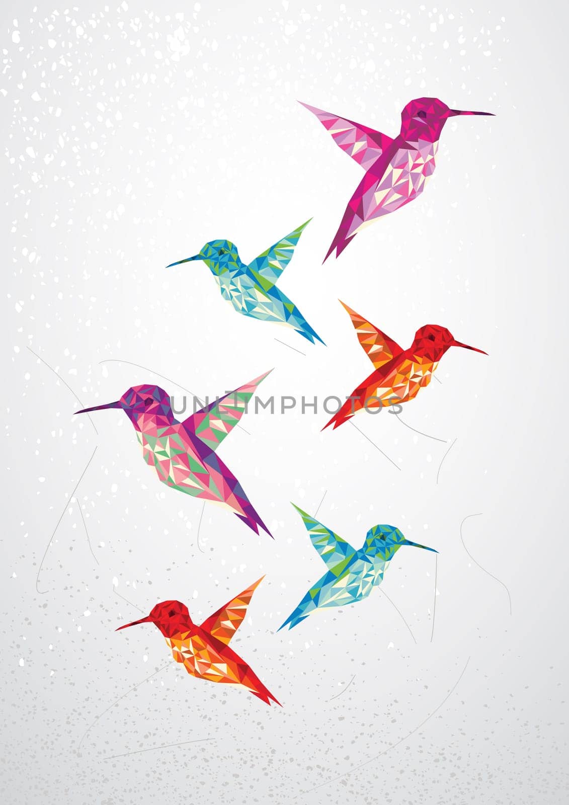 Colorful abstract humming birds triangle shapes over grunge background. Vector file layered for easy editing.