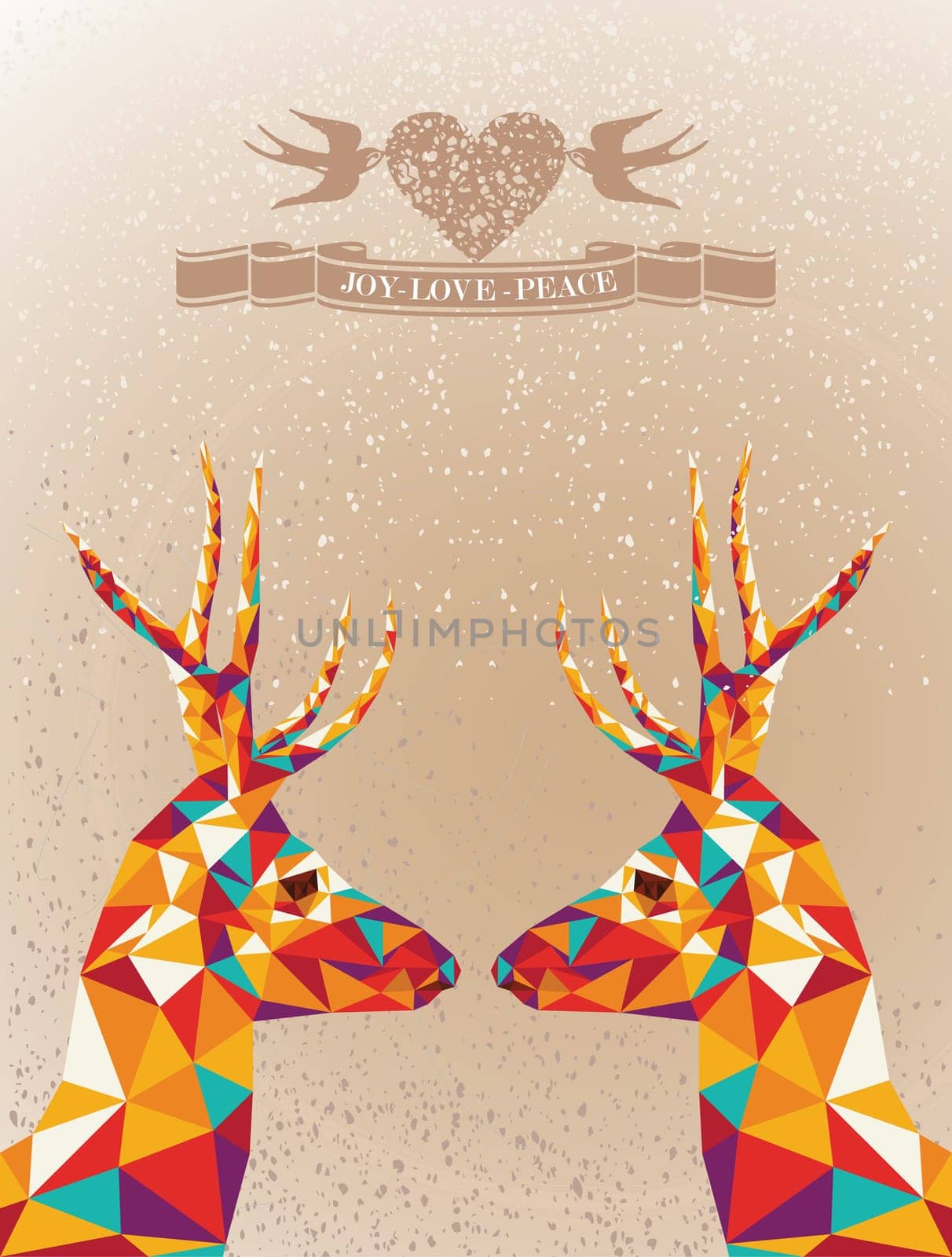 Trendy Christmas colorful reindeers transparent geometric elements grunge background. Vector file layered for easy editing.