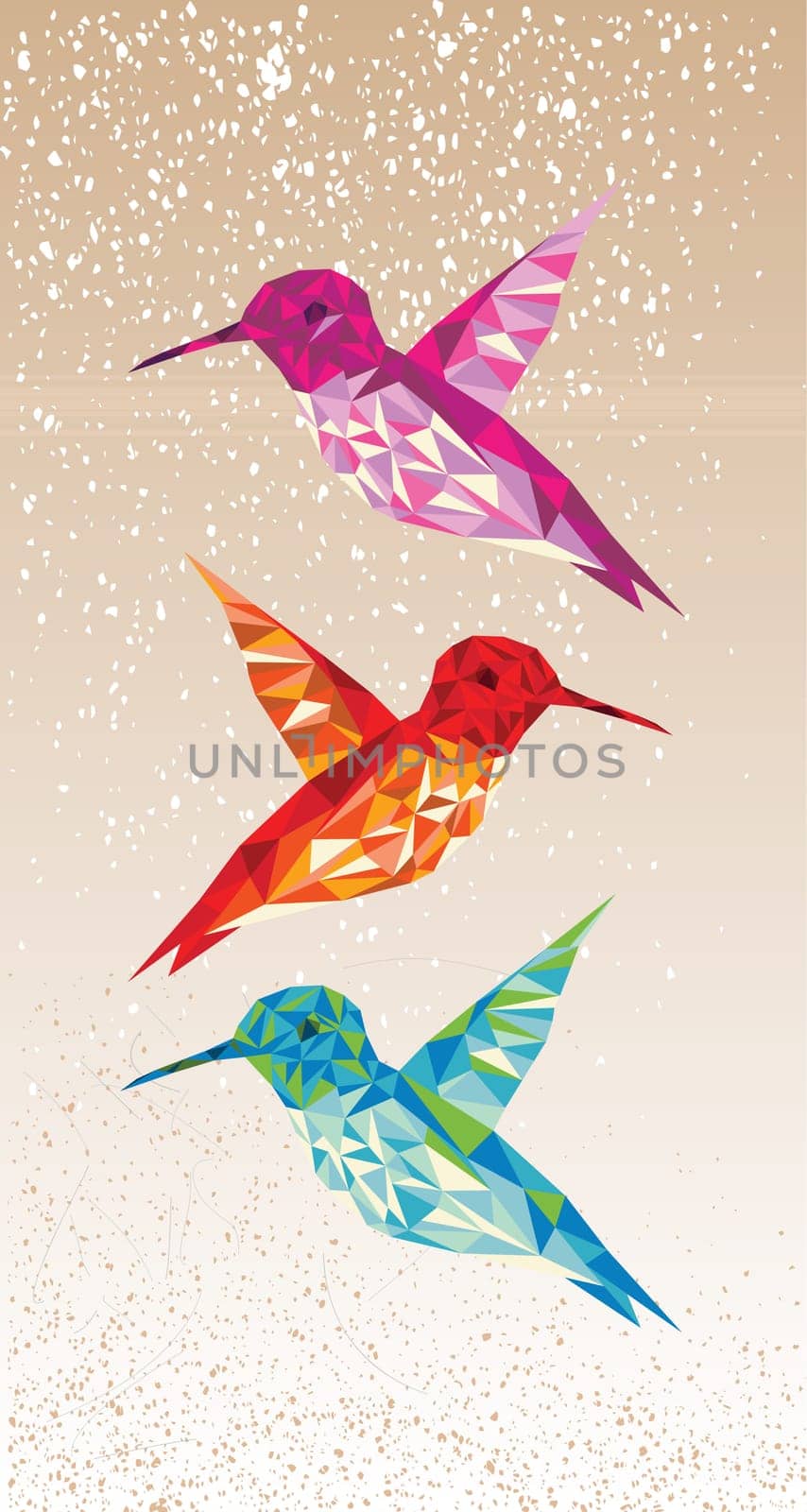 Trendy colorful abstract humming birds triangles shapes over grunge background. Vector file layered for easy editing.