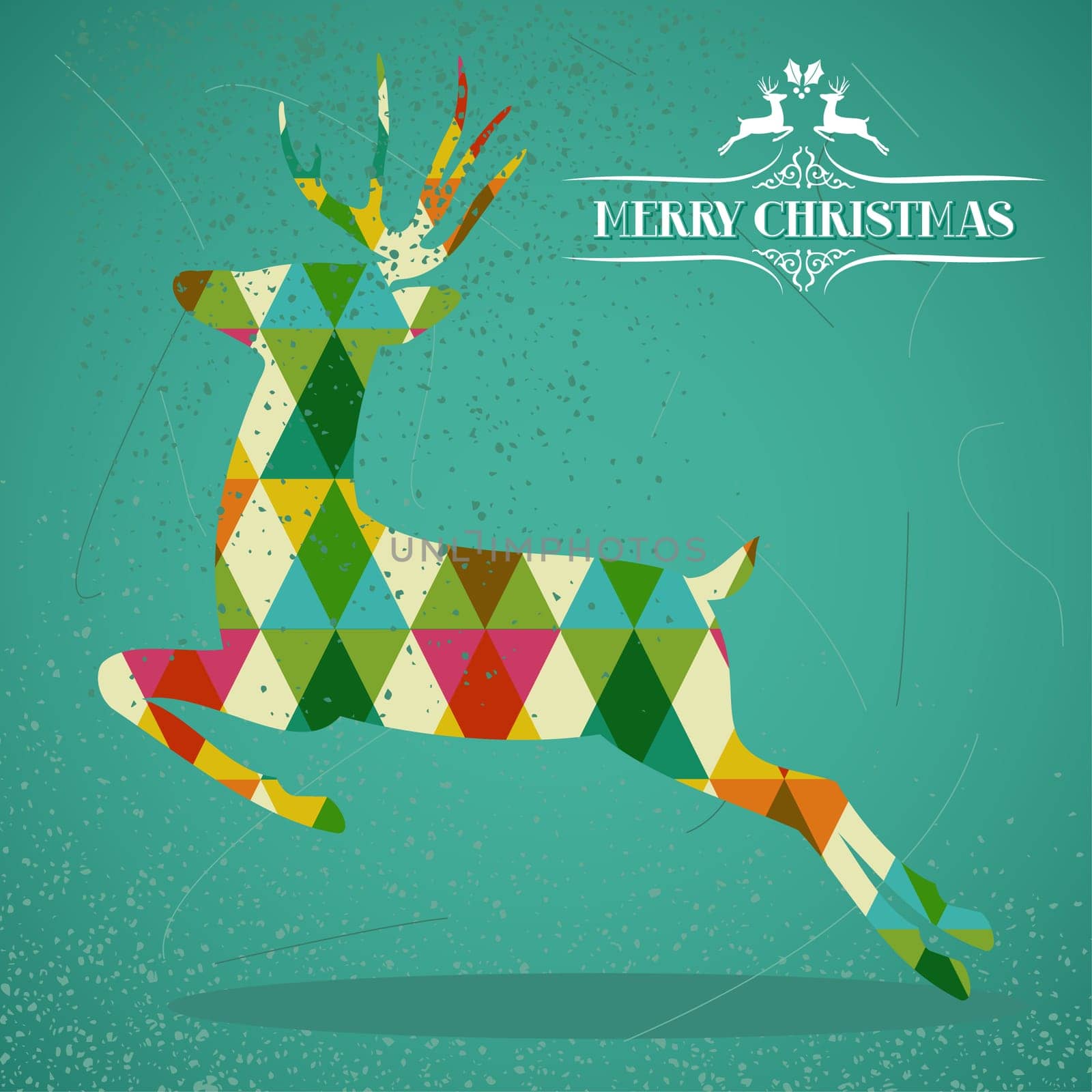 Merry Christmas colorful reindeer jump transparent geometric elements green background. EPS10 vector with transparency organized in layers for easy editing.