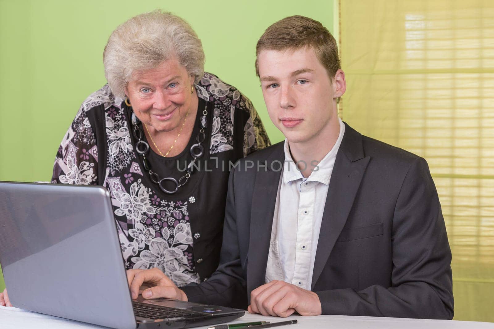 Elderly lady and young man working together on the laptop.