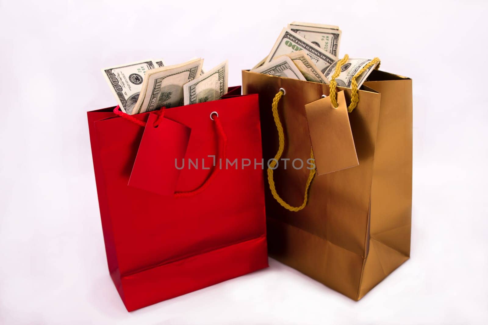 A gold and a red gift bag with dollars, isolated.