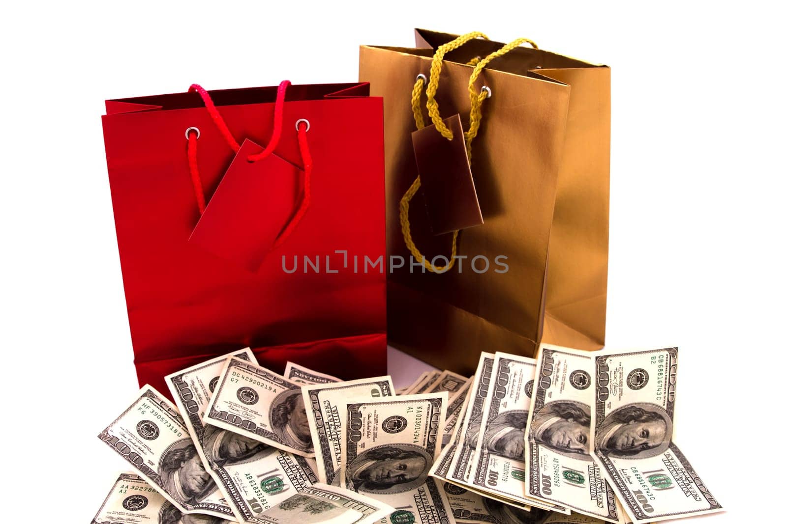 A gold and a red gift bag with dollars, isolated.