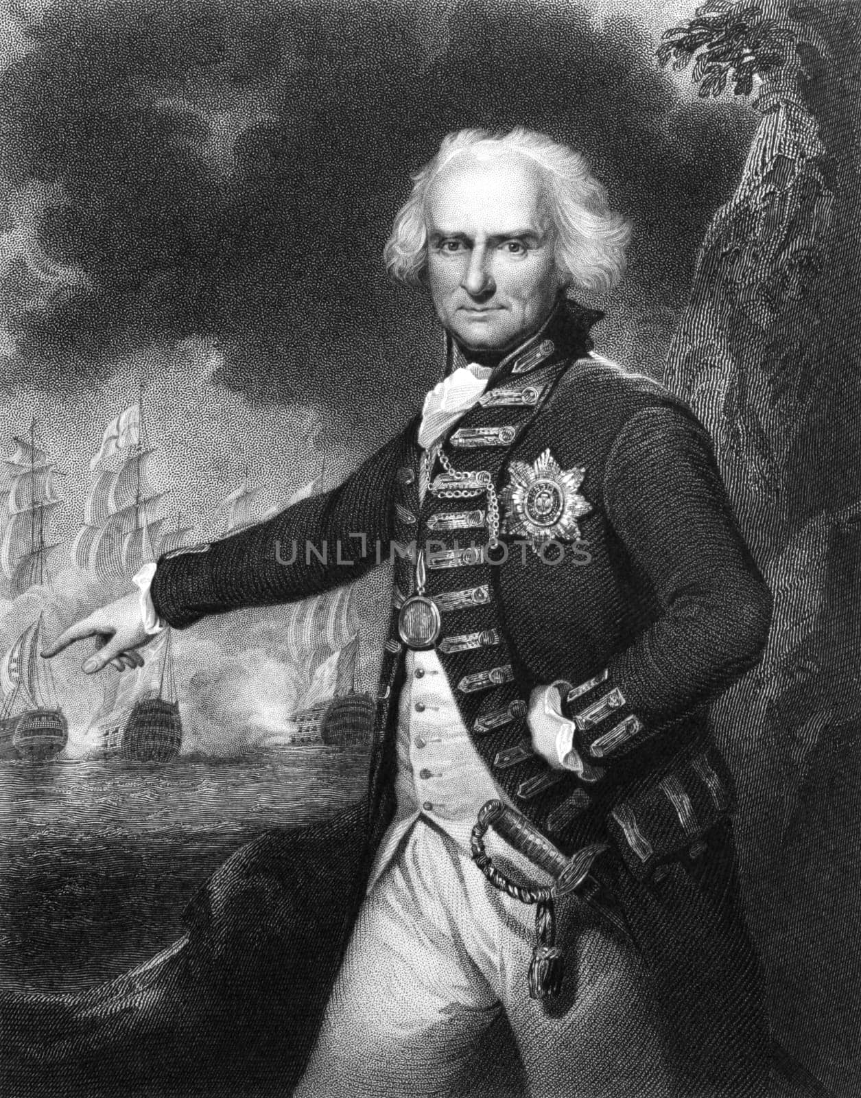 Alexander Hood, 1st Viscount Bridport (1726-1814) on engraving from 1834.  Officer of the British Royal Navy during the French Revolutionary Wars and Napoleonic Wars. Engraved by J.Robinson and published in ''Portraits of Illustrious Personages of Great Britain'',UK,1834.