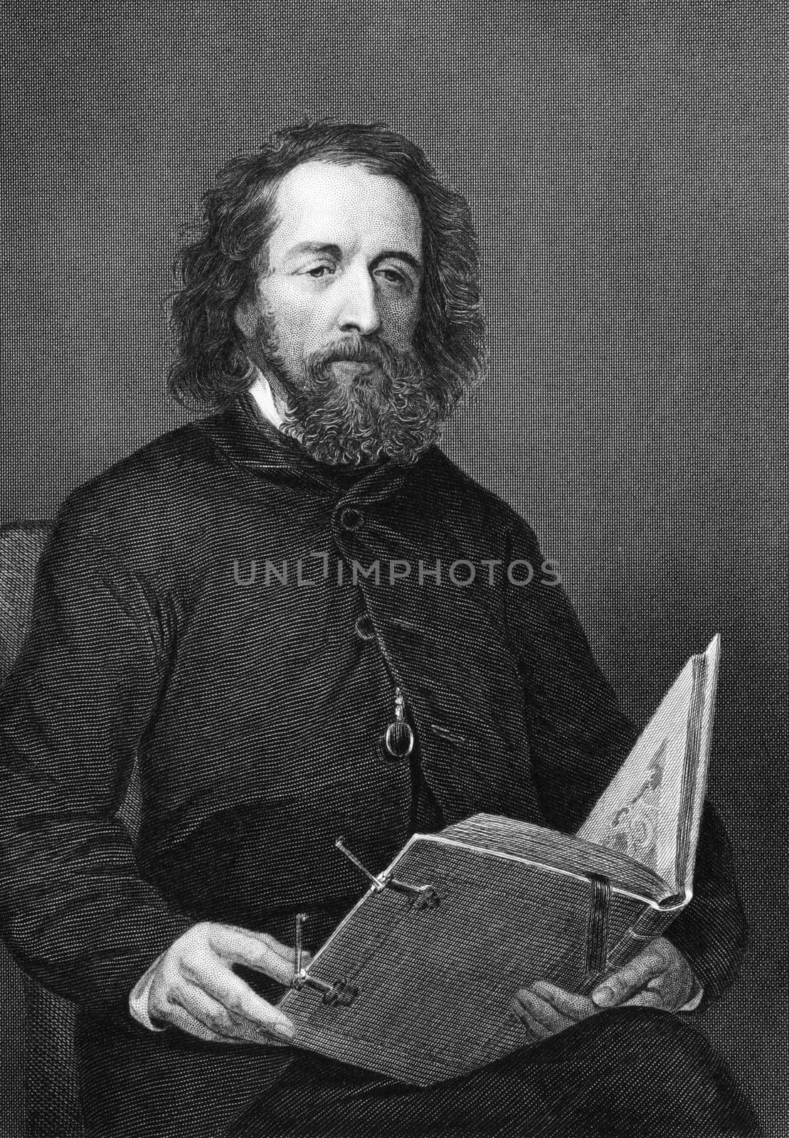 Alfred Lord Tennyson (1809-1892) on engraving from 1872. Poet Laureate of Great Britain and Ireland during Queen Victoria's reign. One of the most popular British poets. Engraved after a painting by A.Chappel and published in "The Masterpiece Library of Short Stories'',USA,1872."