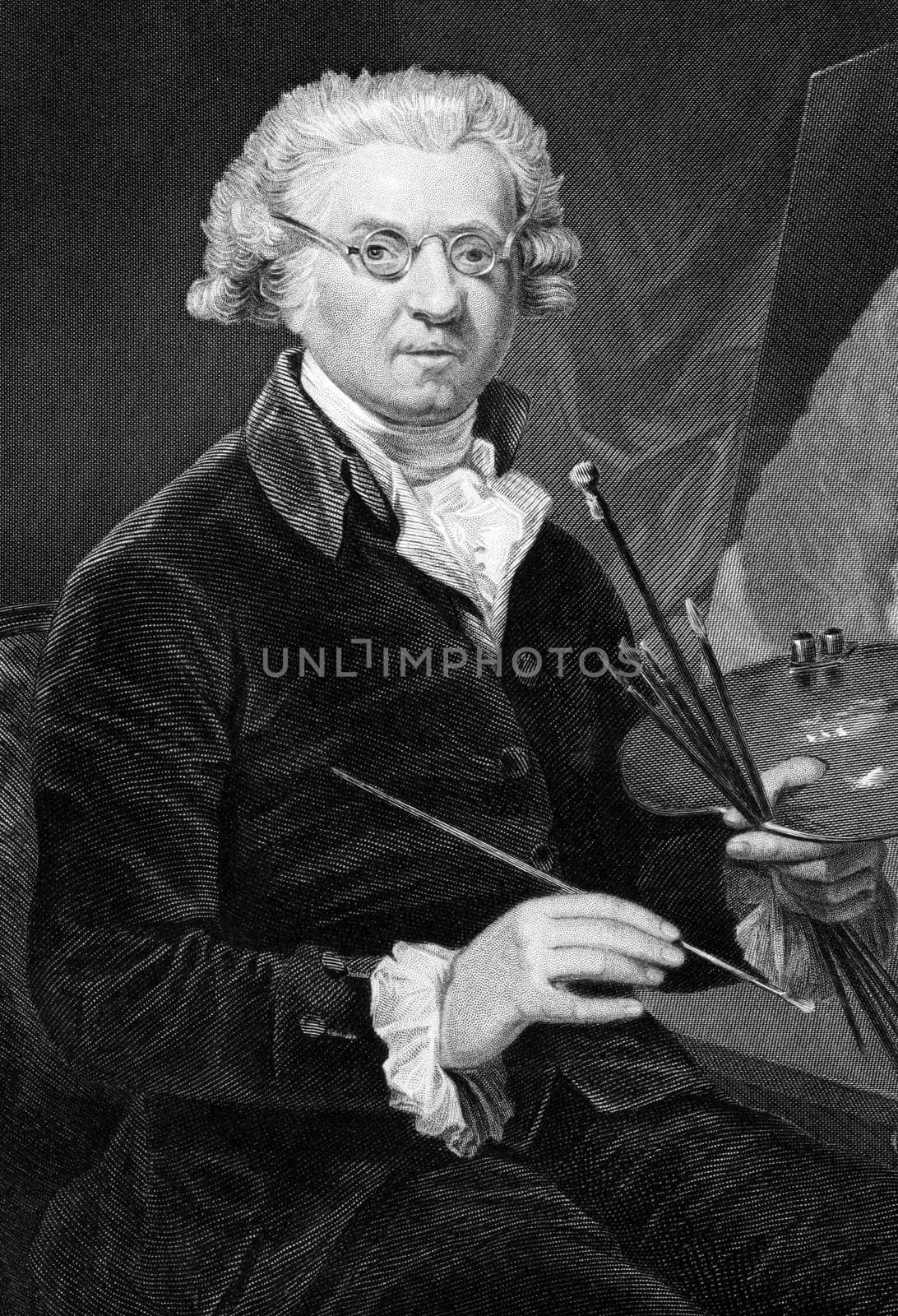 Joshua Reynolds (1723-1792) on engraving from 1873. English painter specializing in portraits. Engraved after a painting by A.Chappel and published in "The Masterpiece Library of Short Stories'',USA,1873."