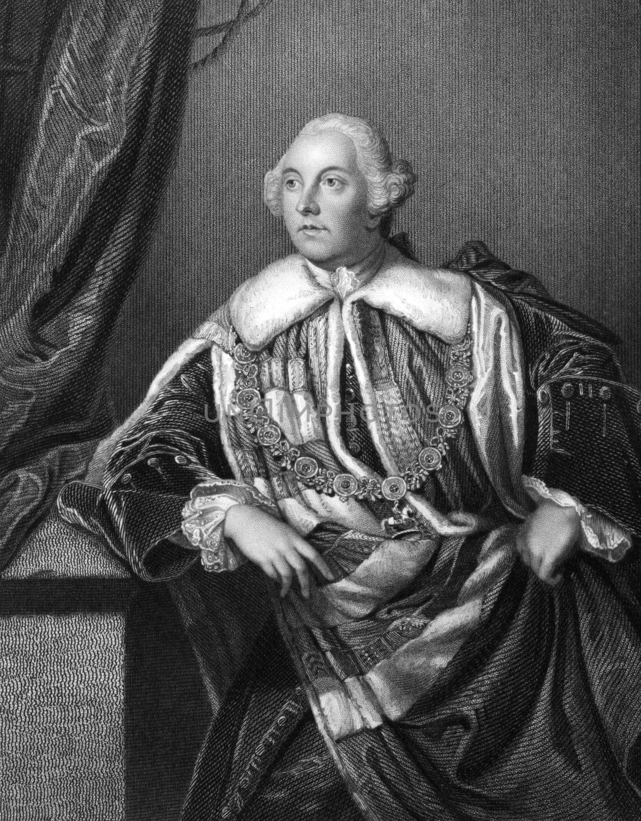 John Russell, 4th Duke of Bedford (1710-1771) on engraving from 1832. British statesman. Engraved by H.Robinson and published in ''Portraits of Illustrious Personages of Great Britain'',UK,1832.
