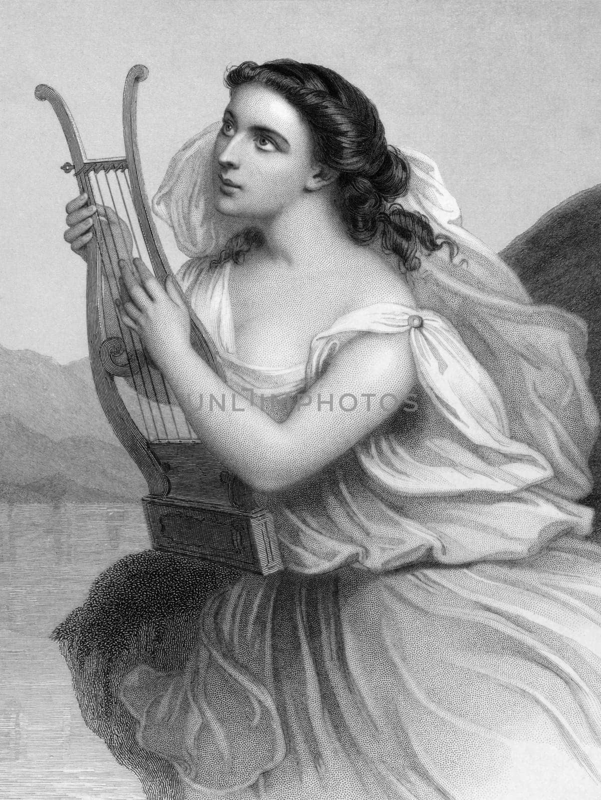 Sappho (630/612-570 BC) on engraving from 1858. Ancient Greek lyric poet. Engraved by F.Holl  and published in "World Noted Women'',USA,1858."