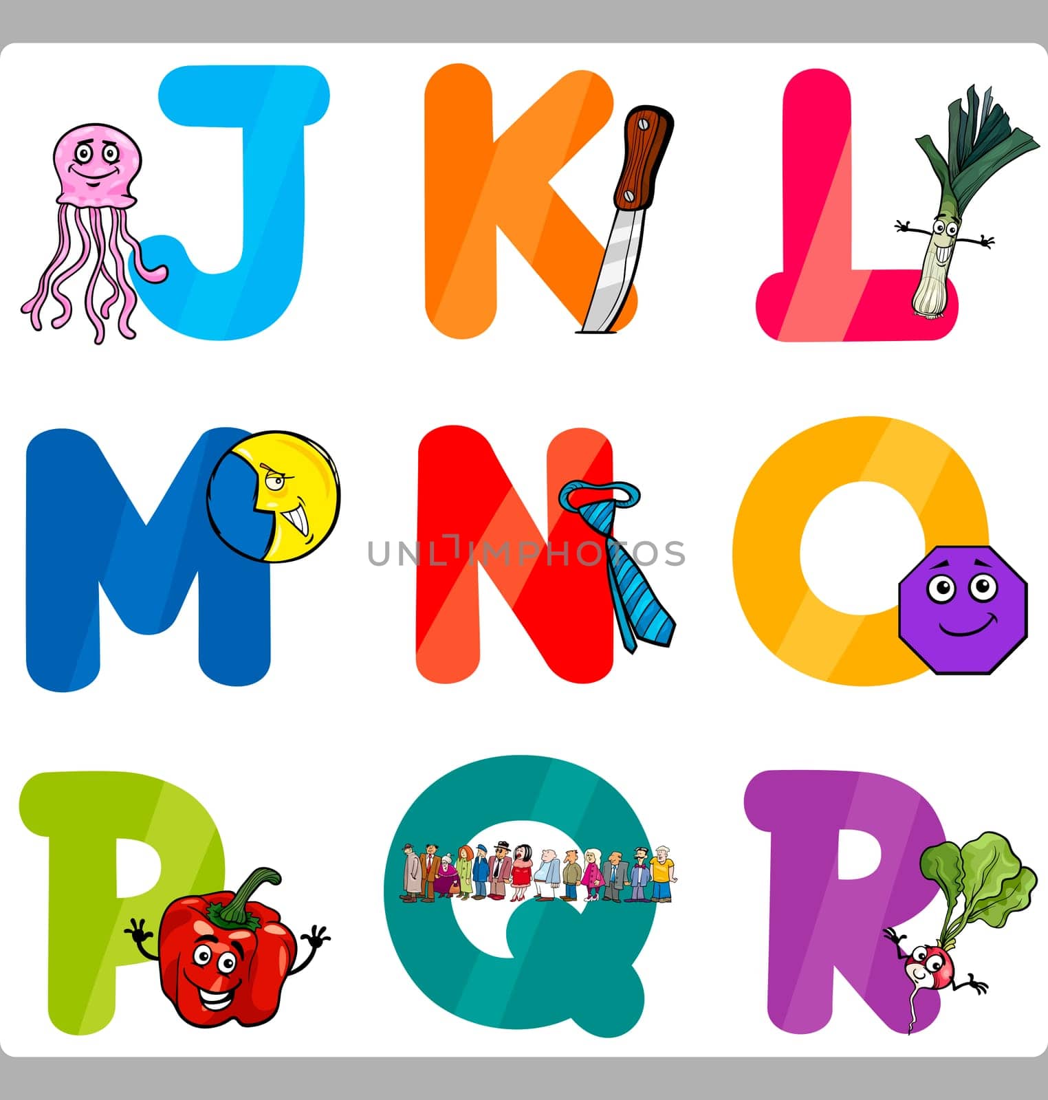 Cartoon Illustration of Funny Capital Letters Alphabet with Objects for Language and Vocabulary Education for Children from J to R