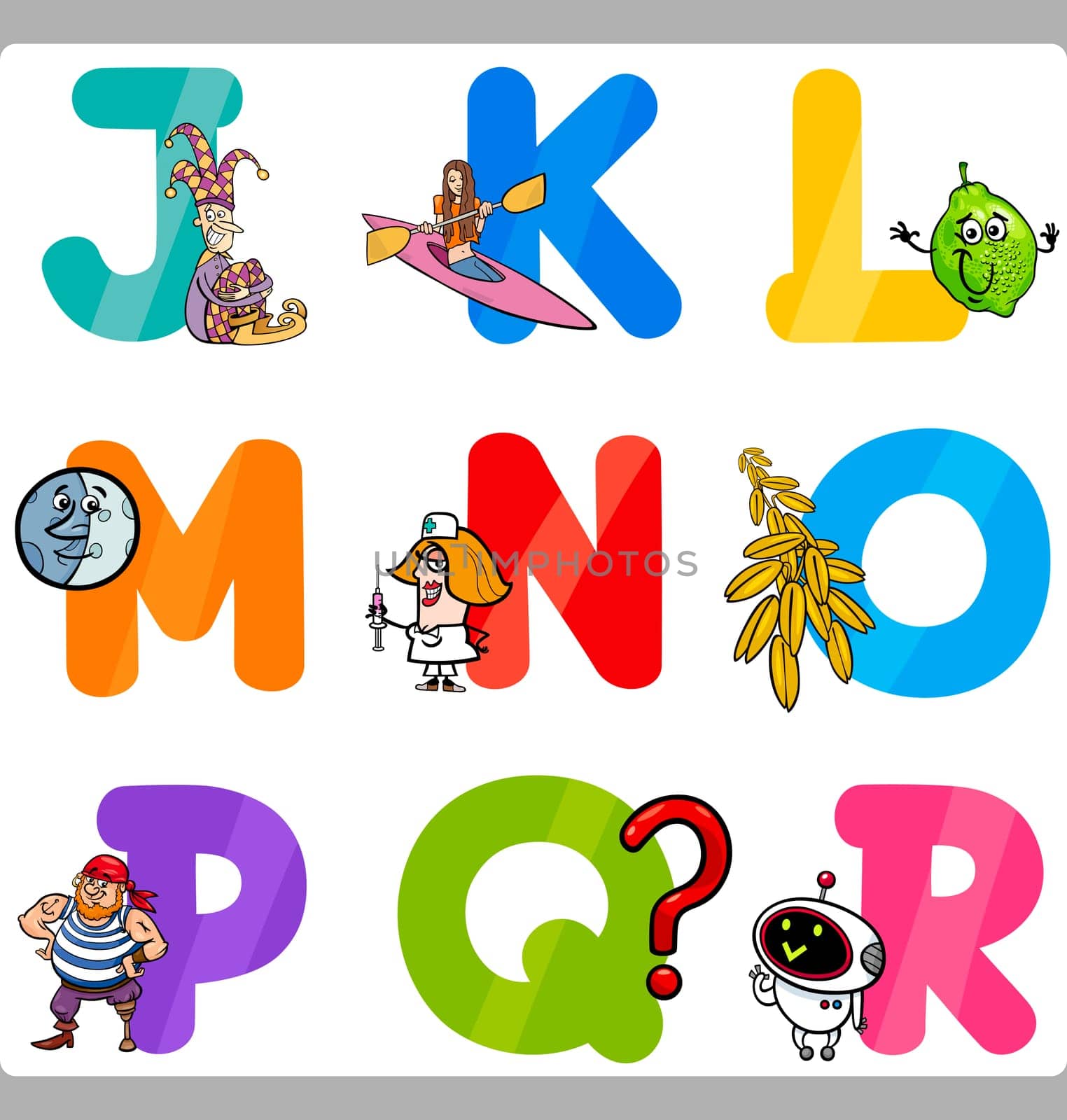 Cartoon Illustration of Funny Capital Letters Alphabet with Objects for Language and Vocabulary Education for Children from J to R