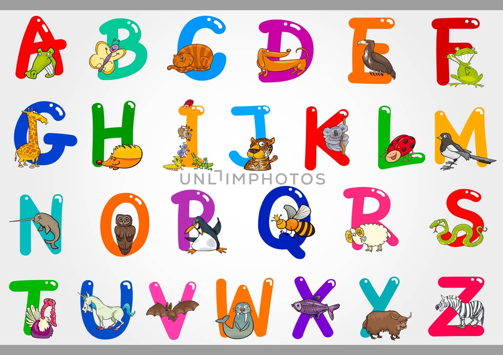 Cartoon Illustration of Colorful Alphabet Letters Set from A to Z with Funny Animals