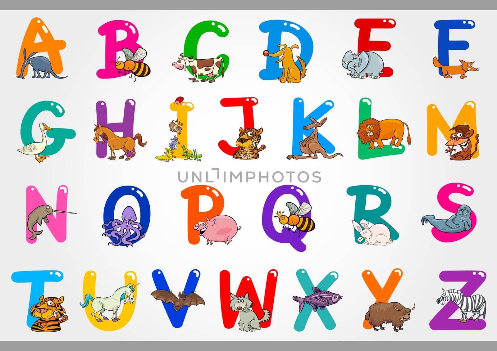 Cartoon Illustration of Colorful Alphabet Letters Set from A to Z with Funny Animals