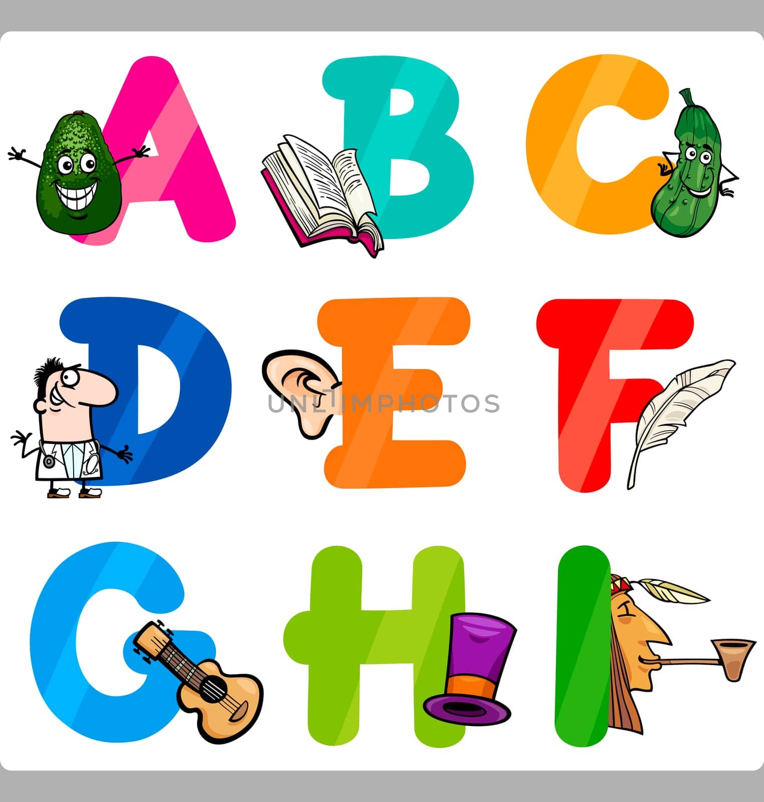 Cartoon Illustration of Funny Capital Letters Alphabet with Objects for Language and Vocabulary Education for Children from A to I