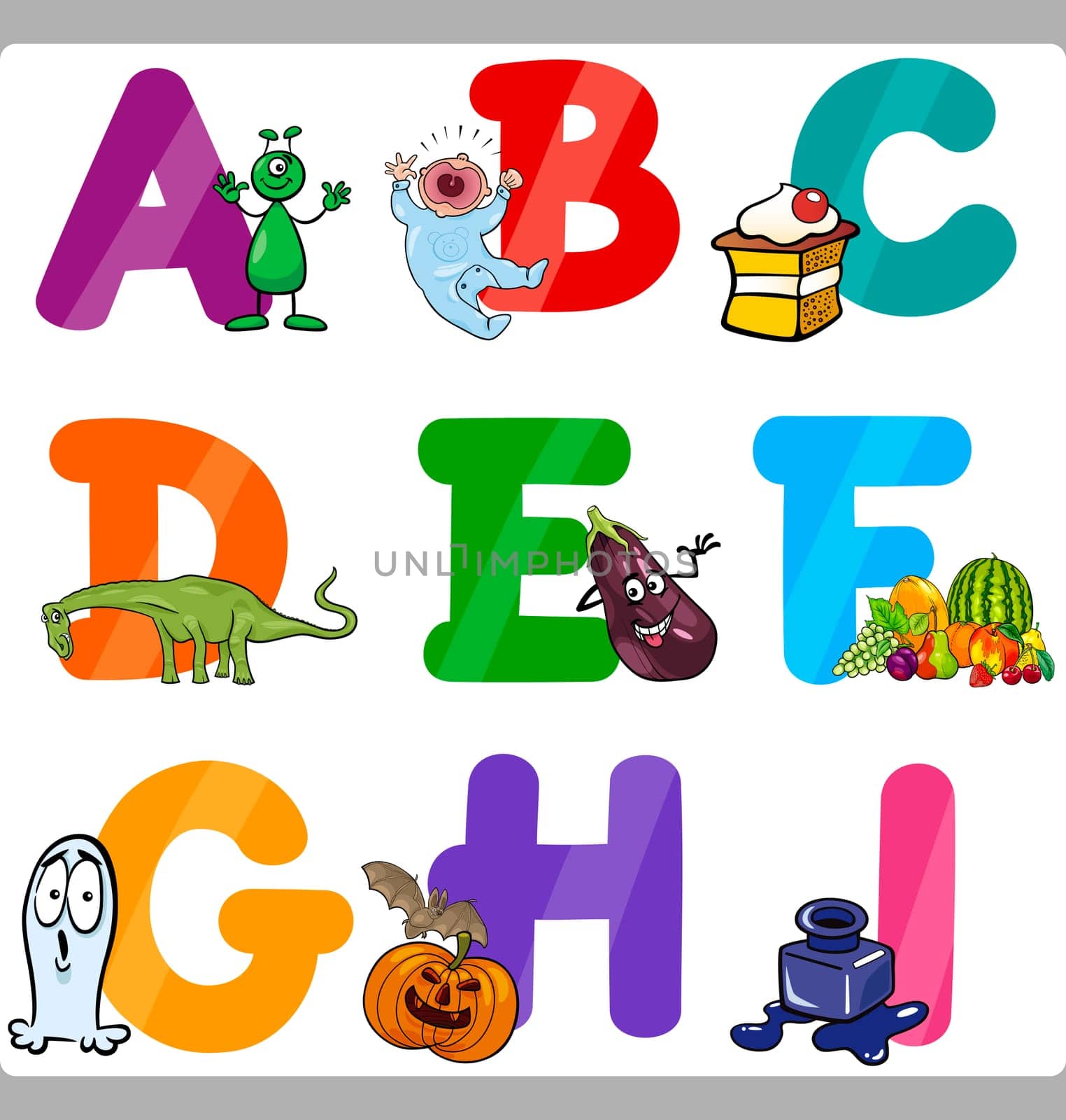 Cartoon Illustration of Funny Capital Letters Alphabet with Objects for Language and Vocabulary Education for Children from A to I