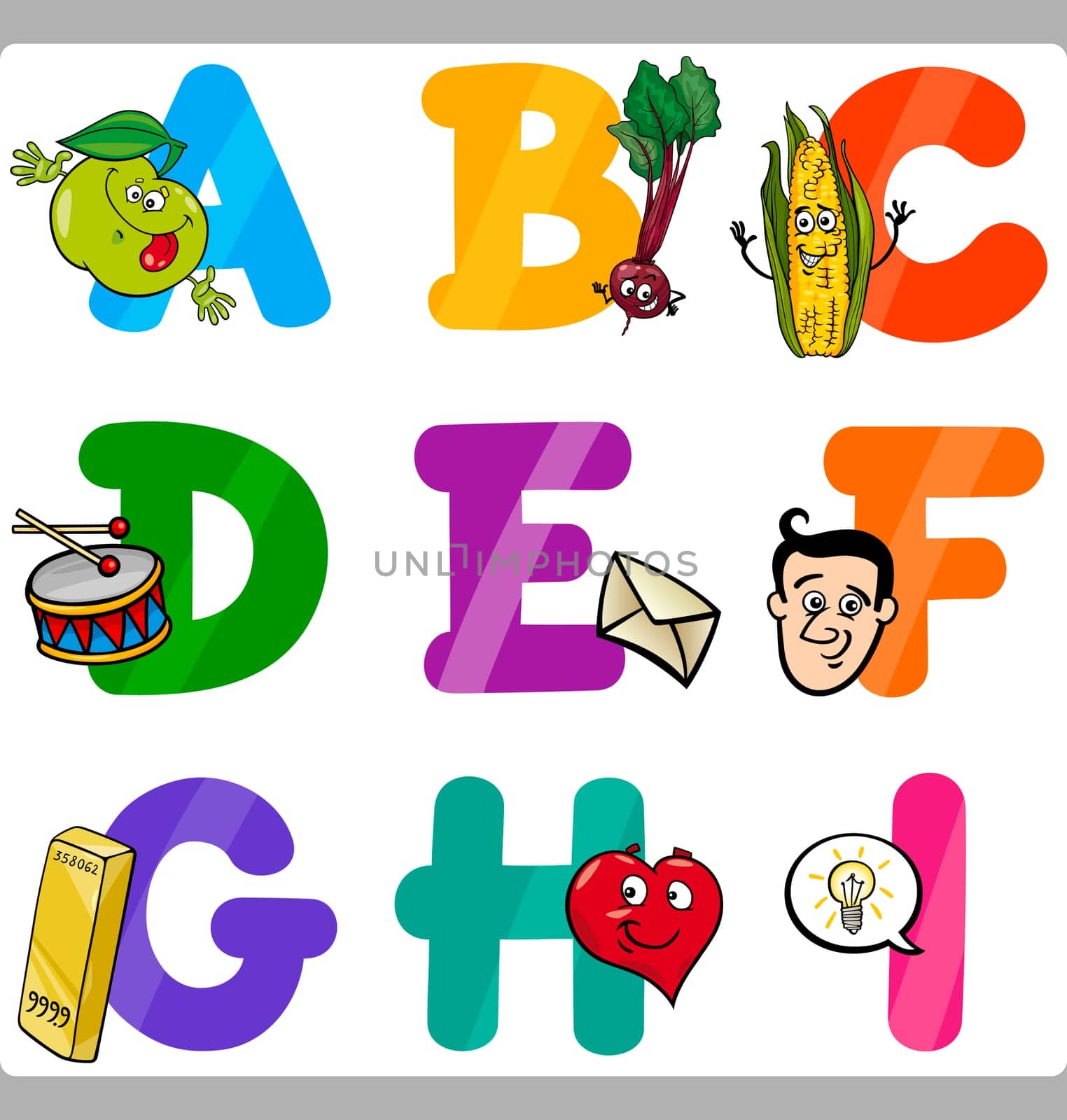 Cartoon Illustration of Funny Capital Letters Alphabet with Objects for Language and Vocabulary Education for Children from A to I